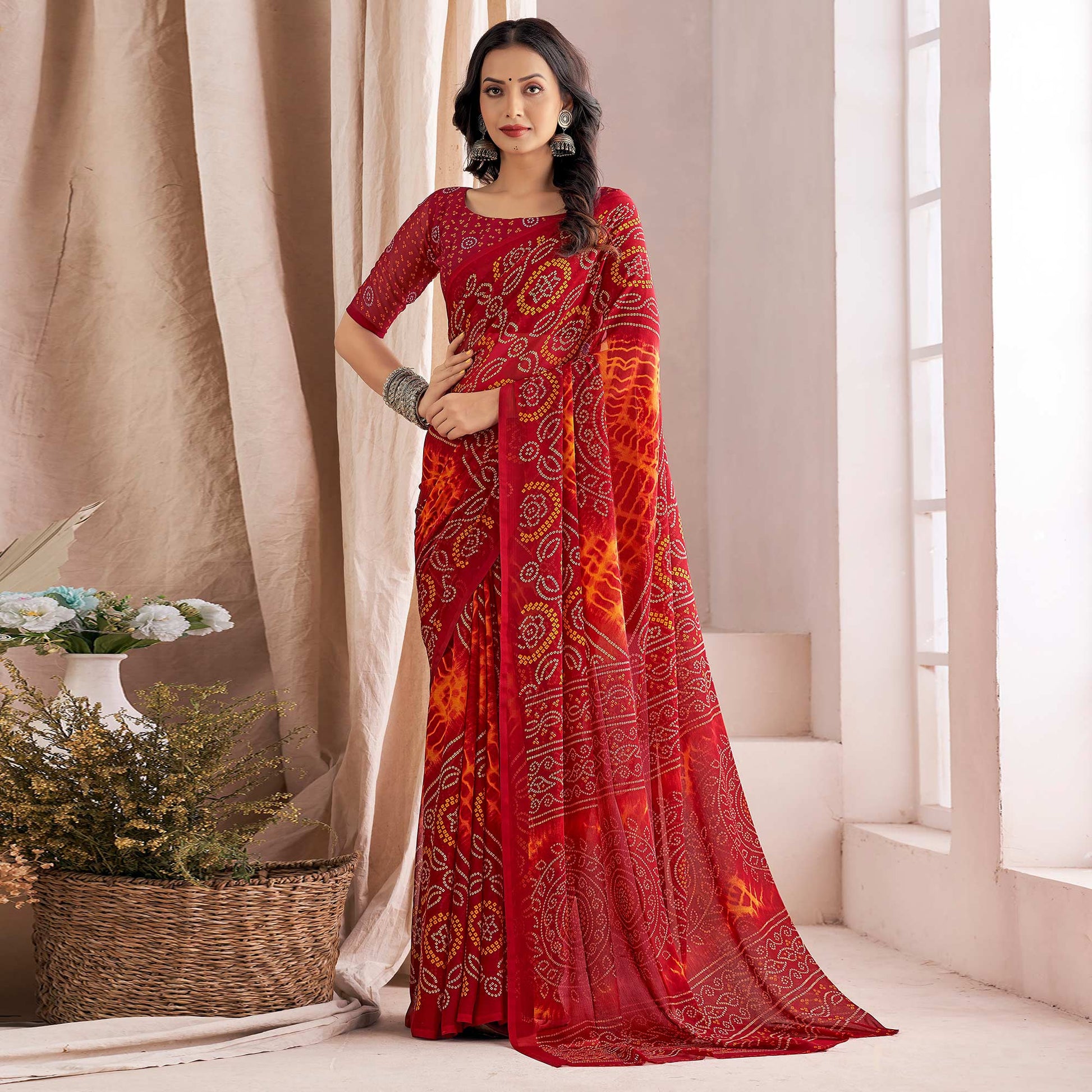 Maroon Bandhani Printed Chiffon Saree