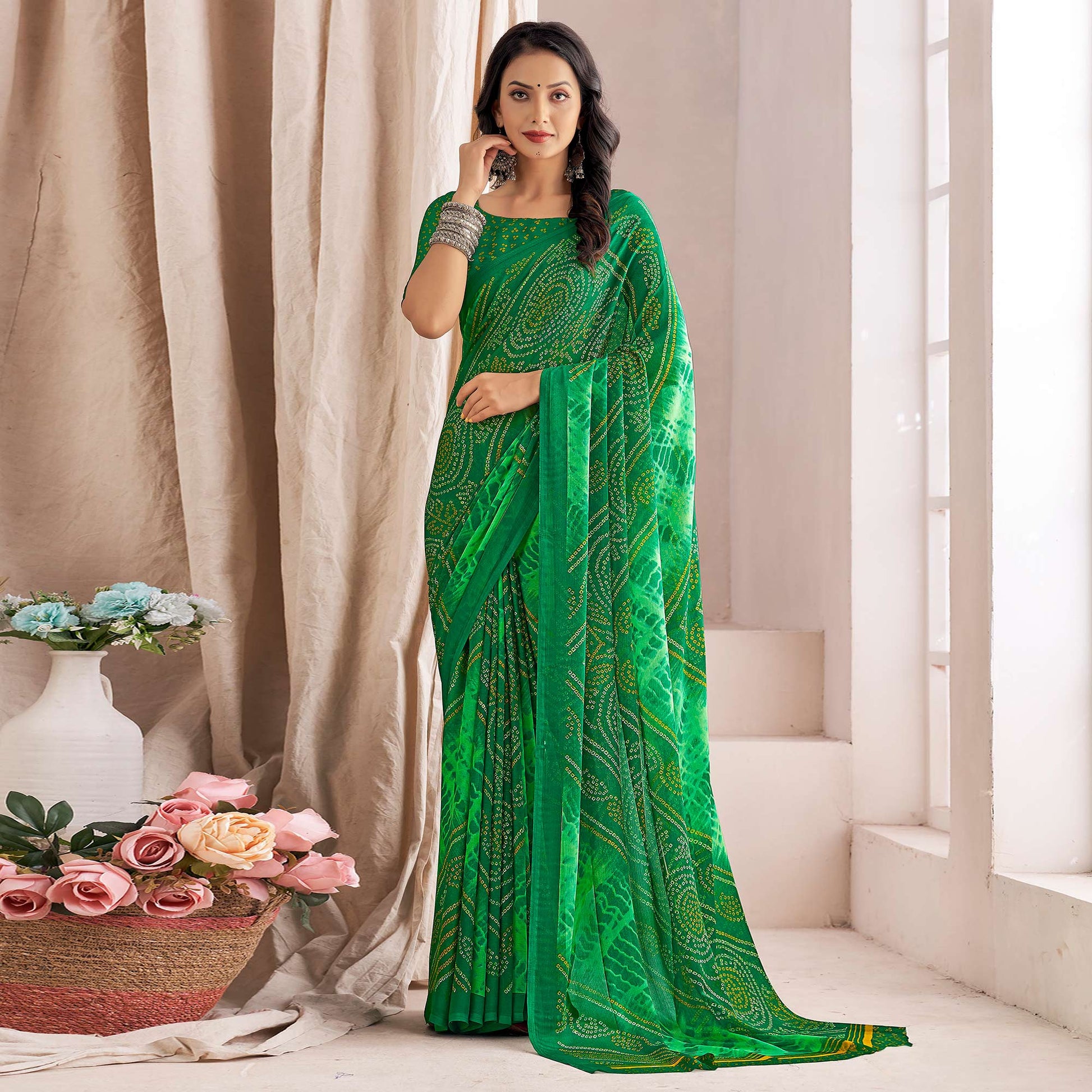 green-bandhani-printed-chiffon-saree-6