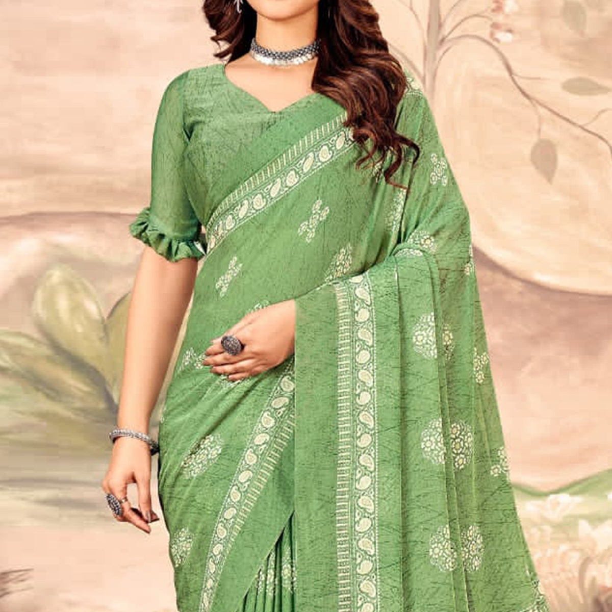 green-floral-printed-chiffon-saree-10
