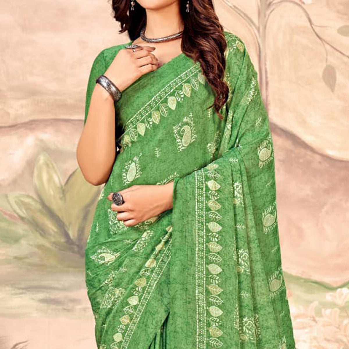 green-floral-printed-chiffon-saree-11