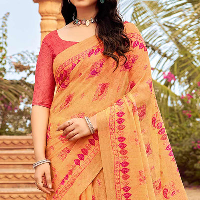 Light Orange Printed Chiffon Saree