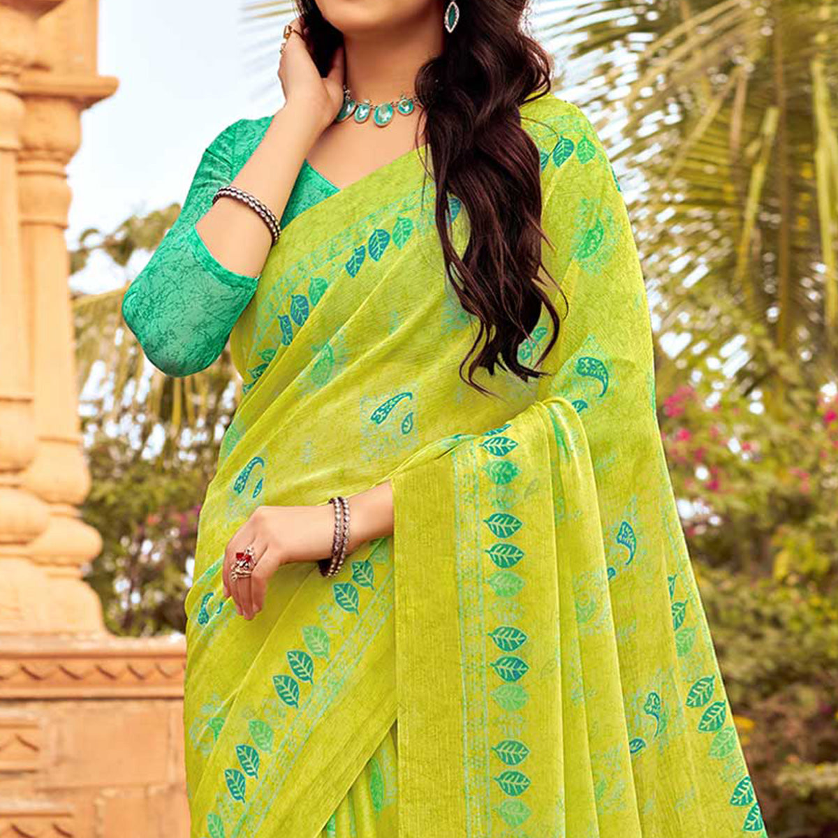 Lemon Green Printed Chiffon Saree