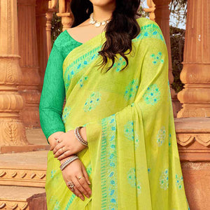 Lemon Green Floral Printed Chiffon Saree