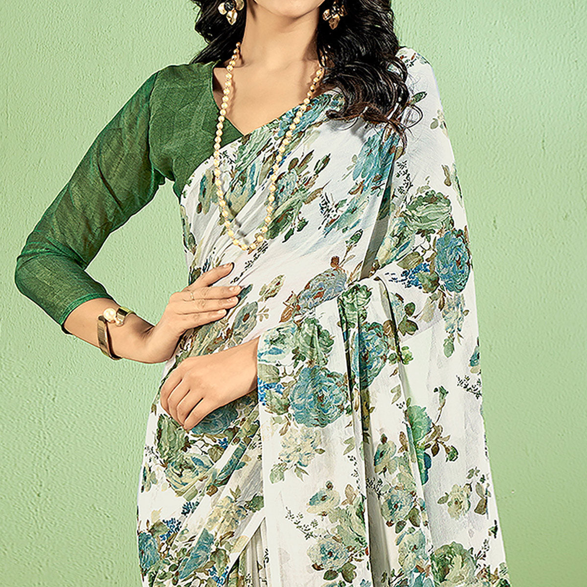 green-floral-printed-chiffon-saree-7