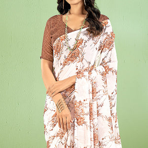 Brown Floral Printed Chiffon Saree