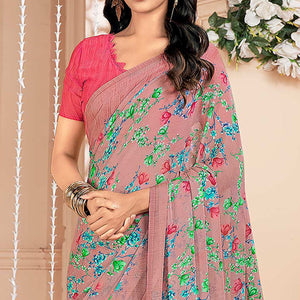 Mauve Floral Printed Chiffon Saree