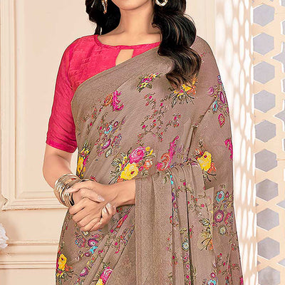 Brown Floral Printed Chiffon Saree