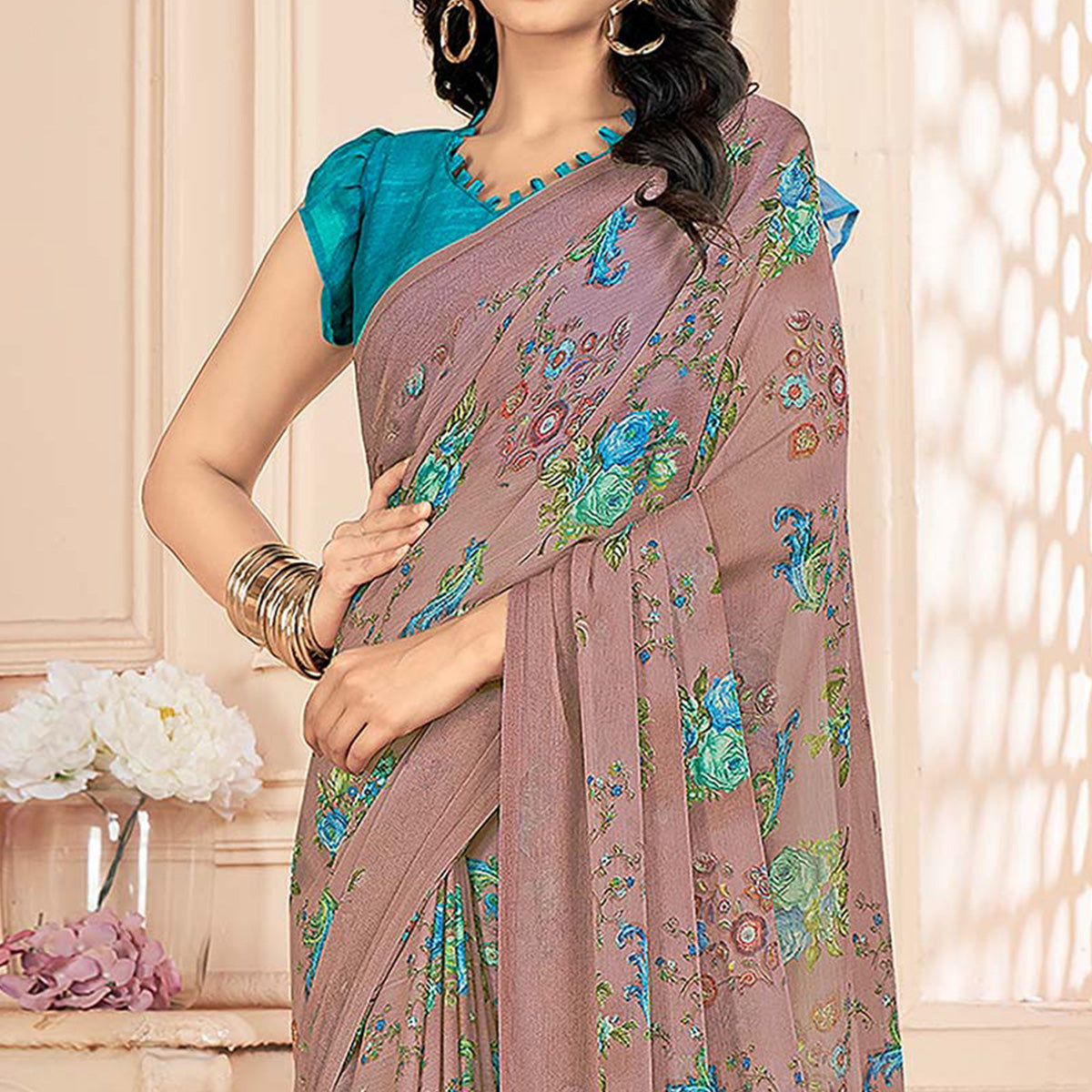 Dust Rose Pink Floral Printed Chiffon Saree