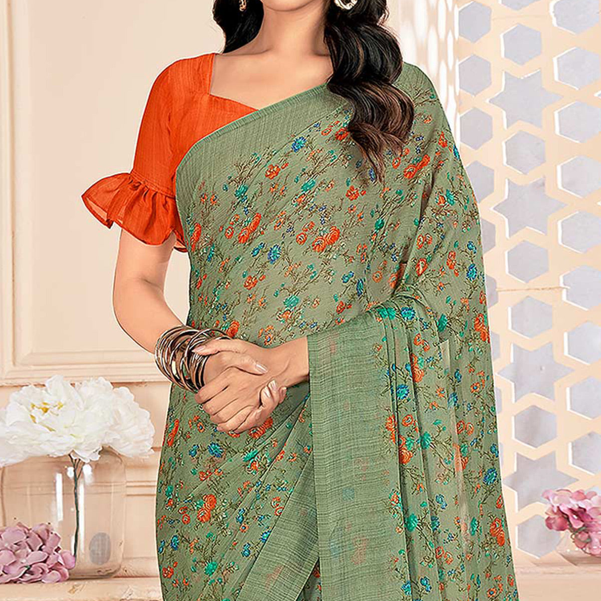 green-floral-printed-chiffon-saree-15