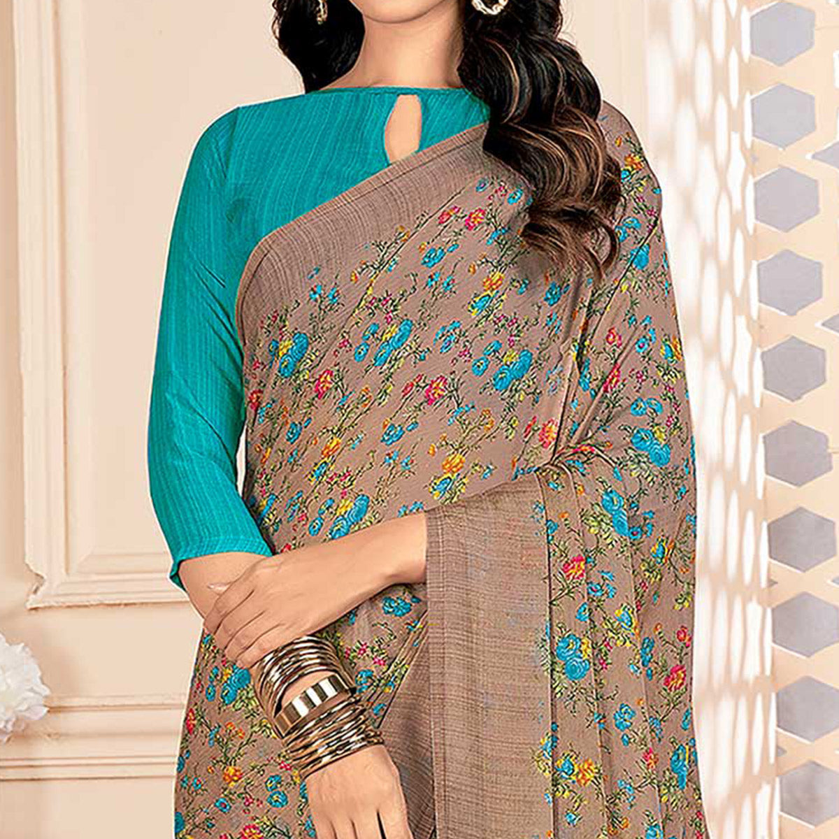 Dusty Brown Floral Printed Chiffon Saree
