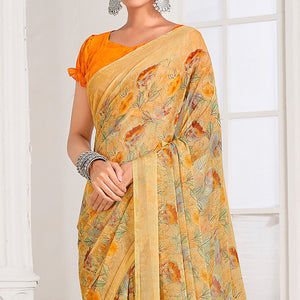 Light Yellow Floral Printed Chiffon Saree
