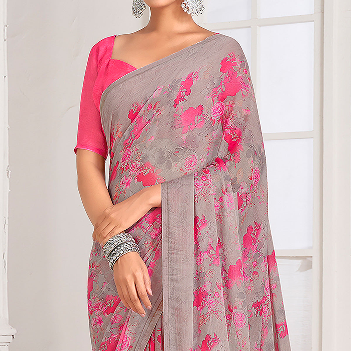 grey-pink-floral-printed-chiffon-saree