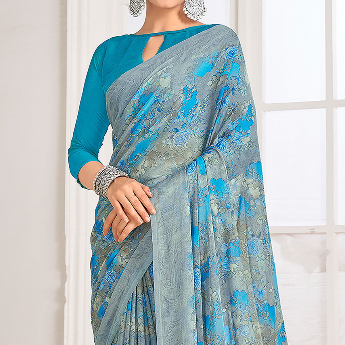 grey-blue-floral-printed-chiffon-saree