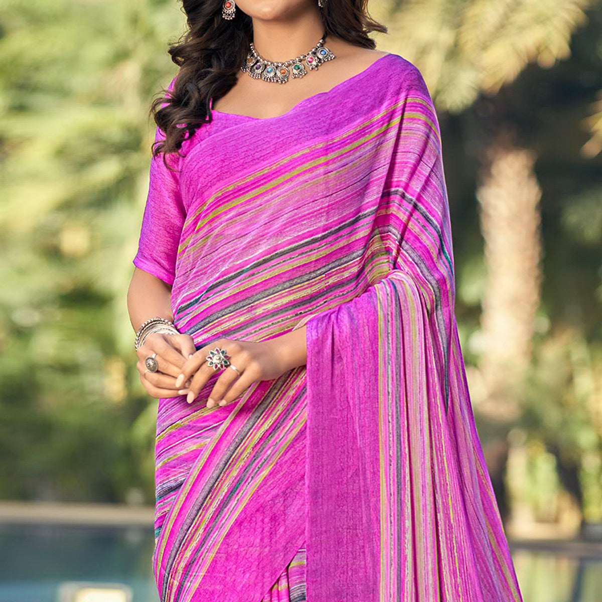 Magenta Purple Printed Chiffon Saree