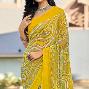 Lemon Yellow Printed Chiffon Saree