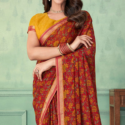 Maroon Floral Printed Chifon Saree With Lace Border