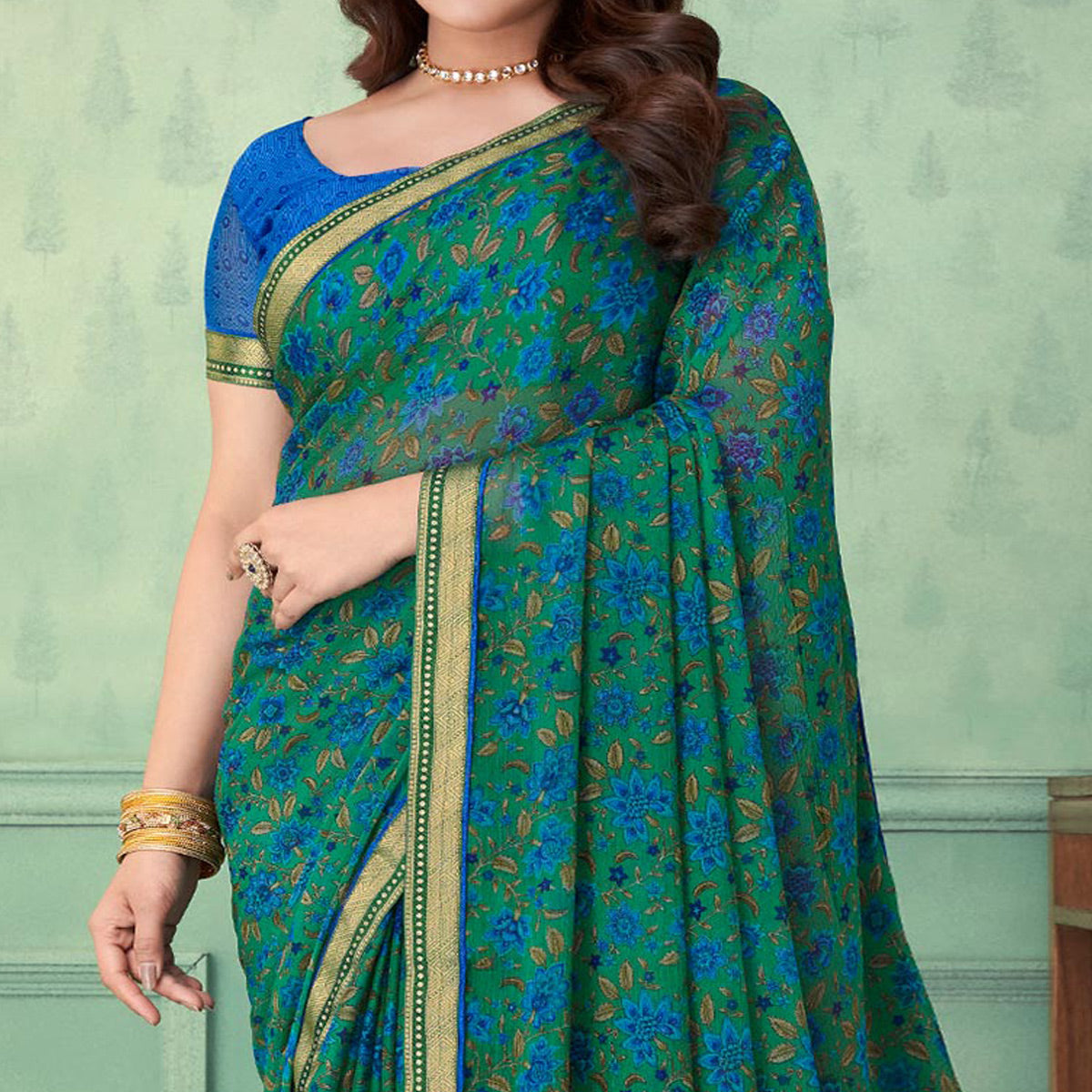 green-floral-printed-chiffon-saree-with-lace-border