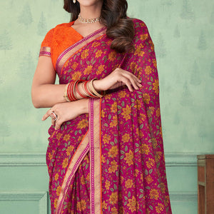 Magenta Pink Floral Printed Chiffon Saree With Lace Border