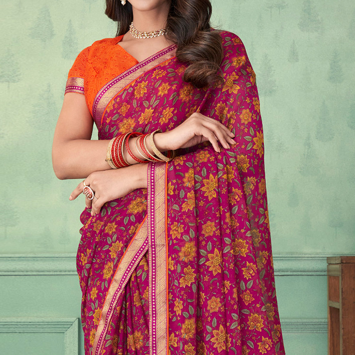 Magenta Pink Floral Printed Chiffon Saree With Lace Border
