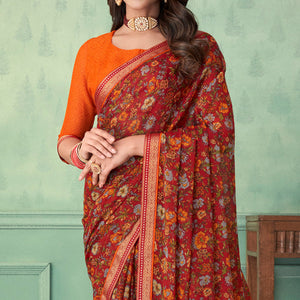 Maroon Floral Printed Chiffon Saree With Lace Border