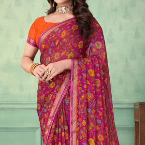 Magenta Pink Floral Printed Chifon Saree With Lace Border