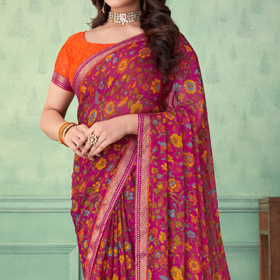 Magenta Pink Floral Printed Chifon Saree With Lace Border