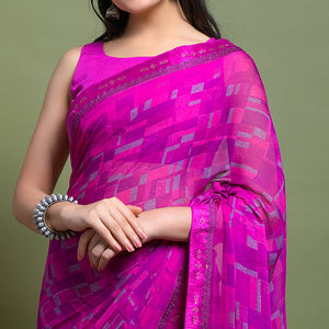 Magenta Geometric Printed Chiffon Saree