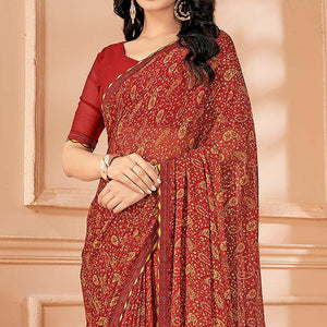 Maroon Printed Chiffon Saree With Lace Border