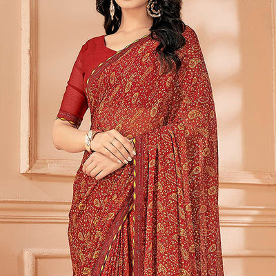 Maroon Printed Chiffon Saree With Lace Border