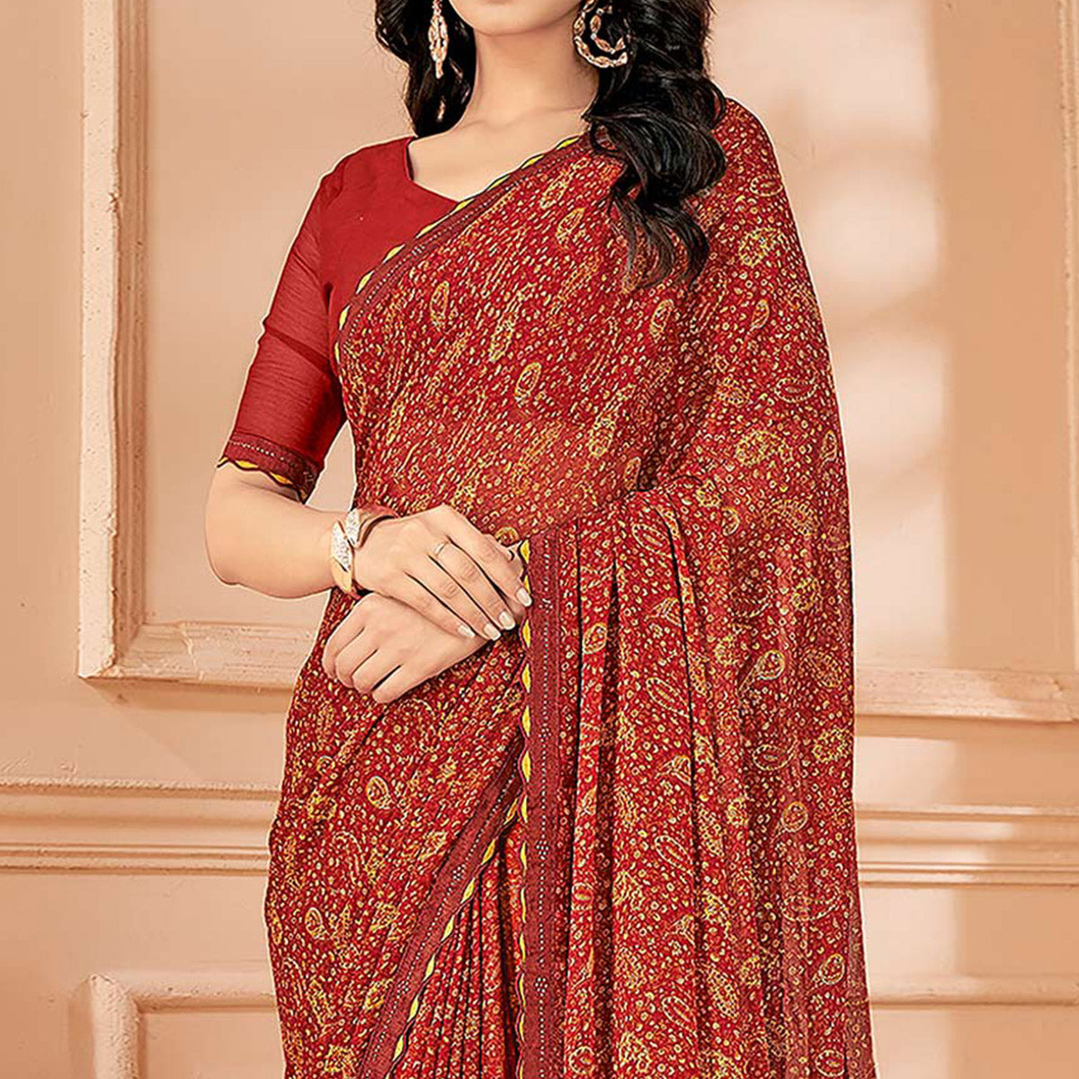 Maroon Printed Chiffon Saree With Lace Border