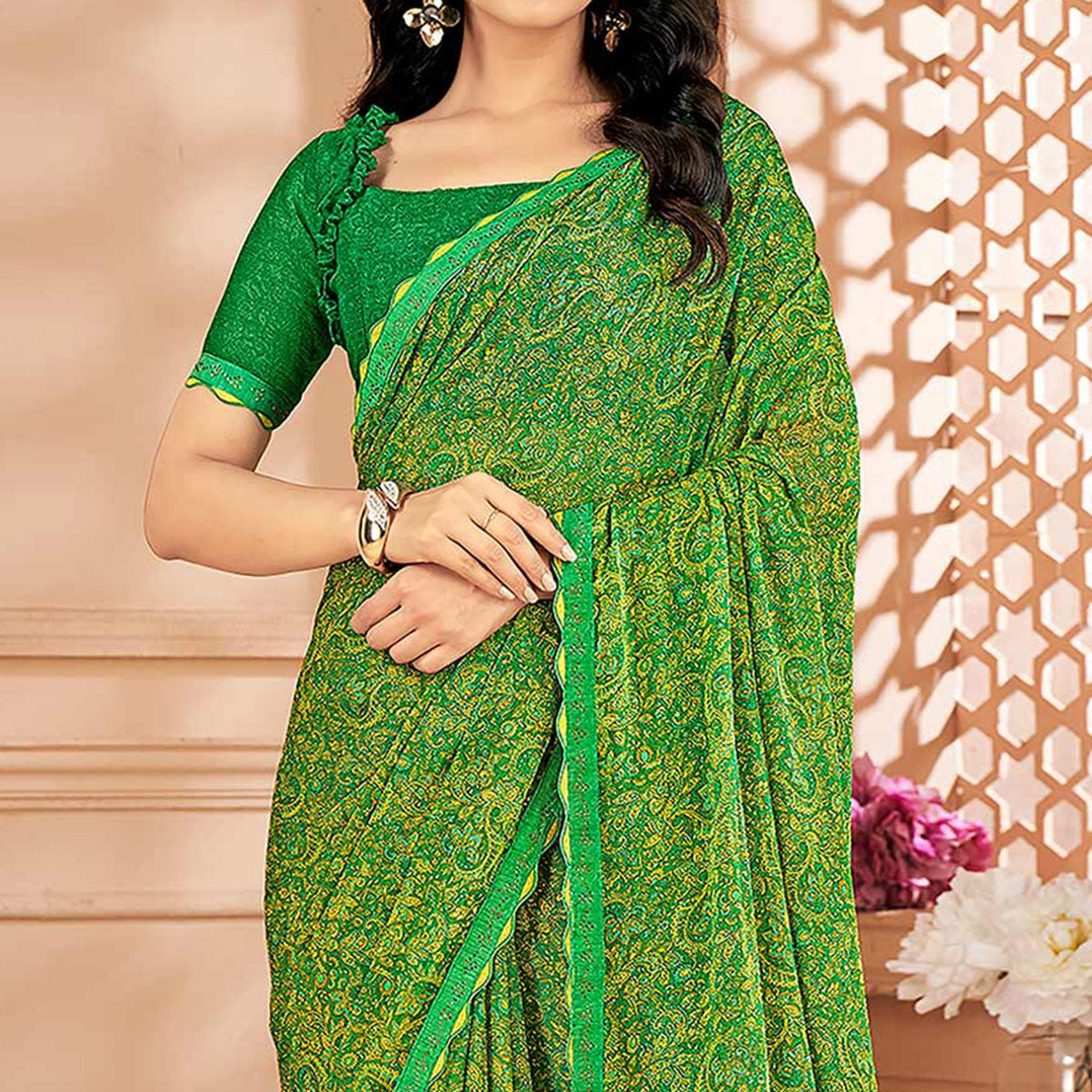 green-printed-chiffon-saree-with-lace-border-7