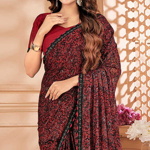 Maroon Printed Chiffon Saree With Lace Border