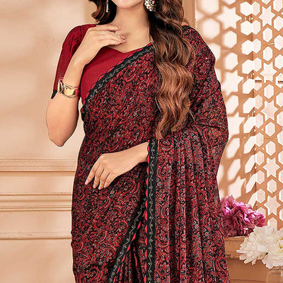 Maroon Printed Chiffon Saree With Lace Border