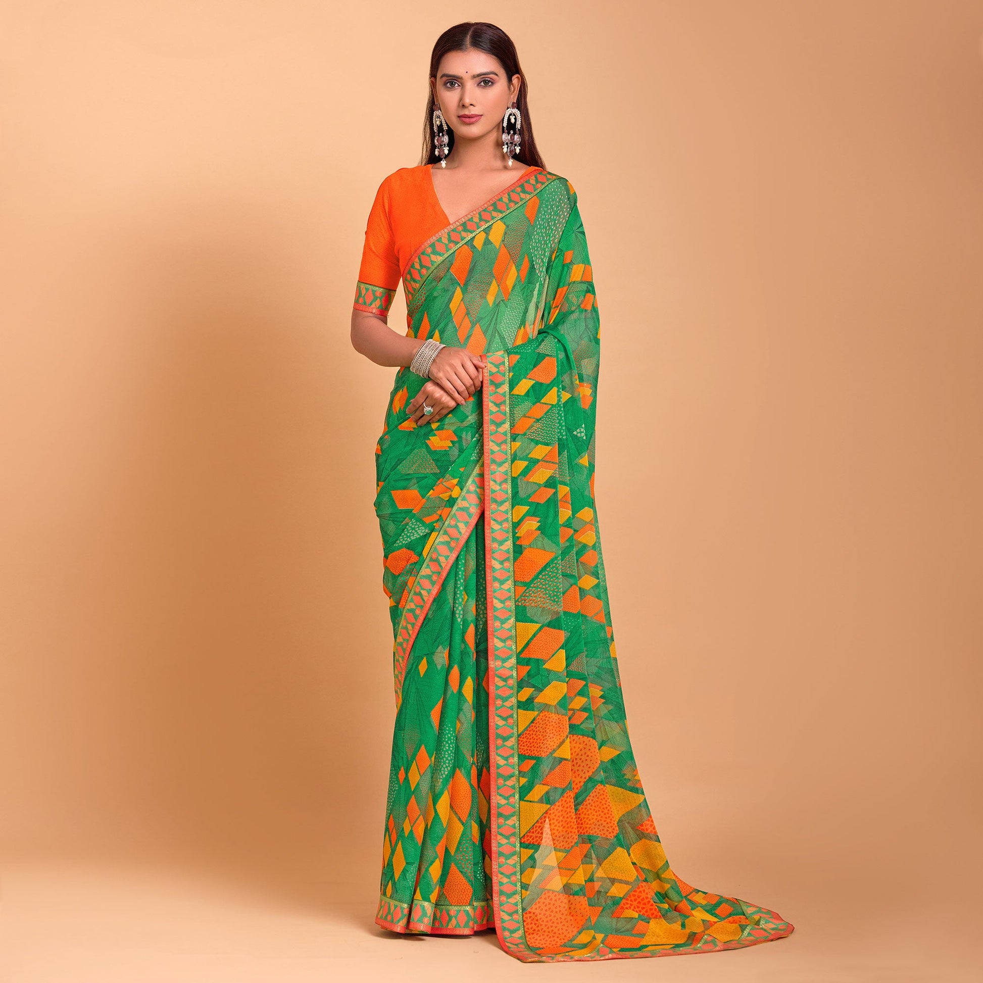 green-geometric-printed-chiffon-saree-6