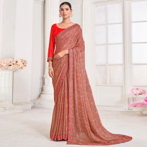 Brick Red Geometric Printed Chiffon Saree With Lace Border