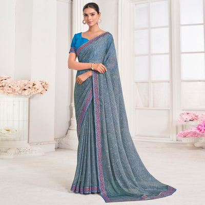 Bluish Grey Geometric Printed Chiffon Saree With Lace Border