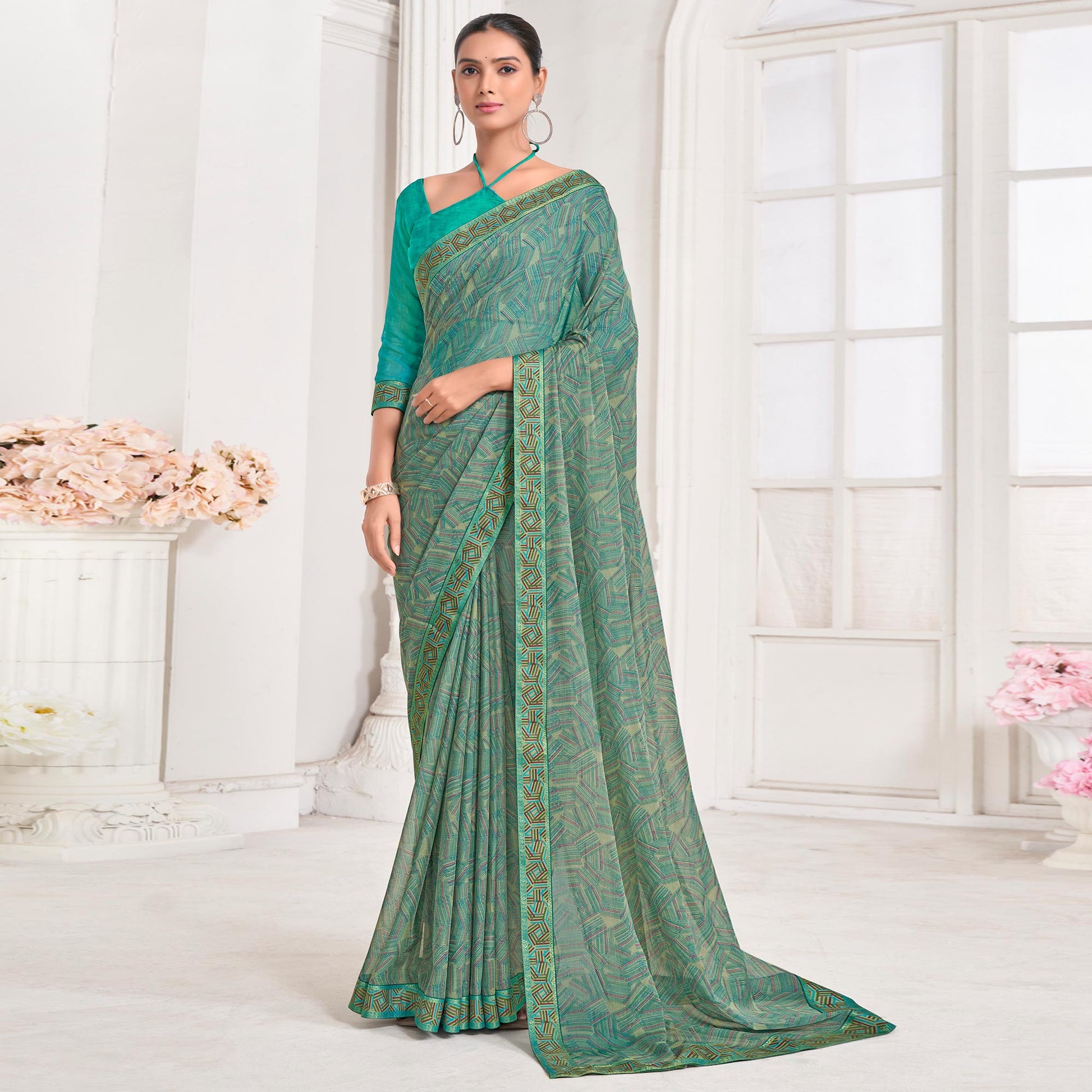 green-geometric-printed-chiffon-saree-with-lace-border-1