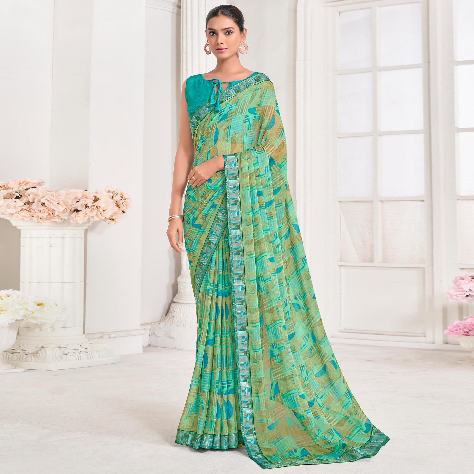 green-geometric-printed-chiffon-saree-with-lace-border-2