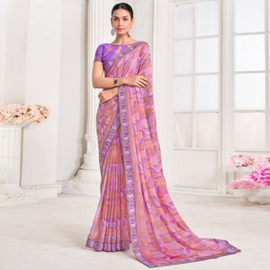 Lavender Geometric Printed Chiffon Saree With Lace Border