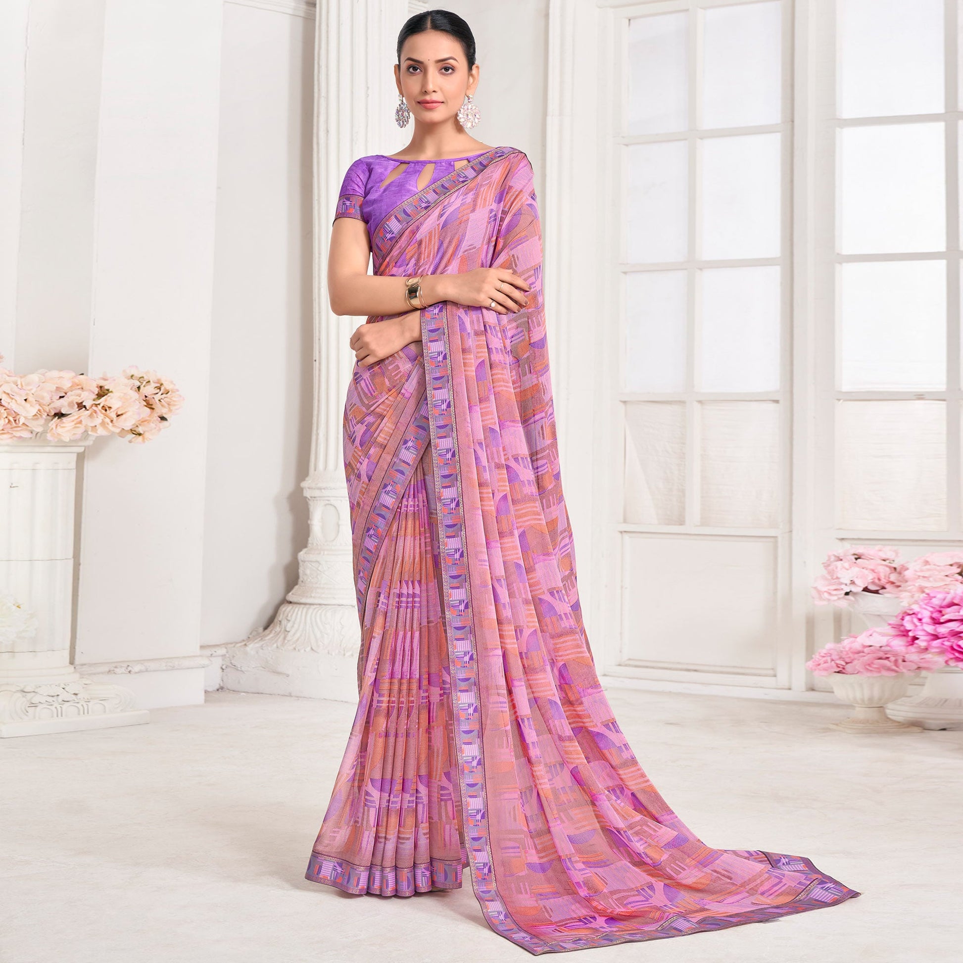 Lavender Geometric Printed Chiffon Saree With Lace Border