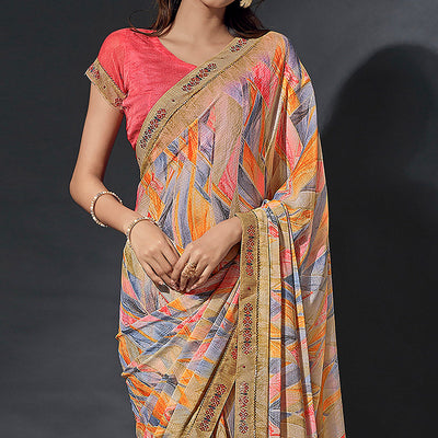Chikoo Printed Chiffon Saree With Lace Border
