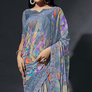 Grey Printed Chiffon Saree With Lace Border