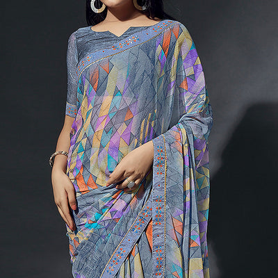 Grey Printed Chiffon Saree With Lace Border