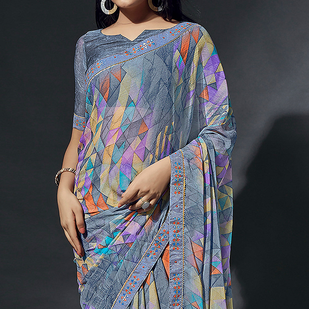 Grey Printed Chiffon Saree With Lace Border