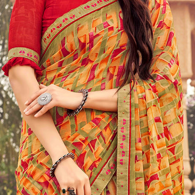 Dull Orange Abstract Printed Chiffon Saree