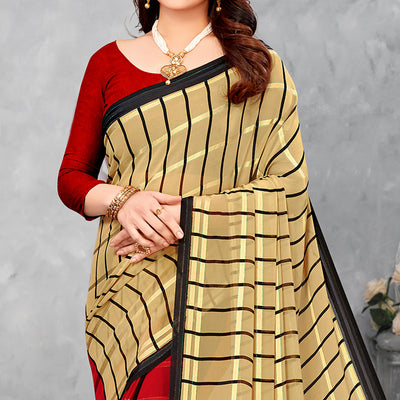 Cream & Red Striped Printed Georgette Saree