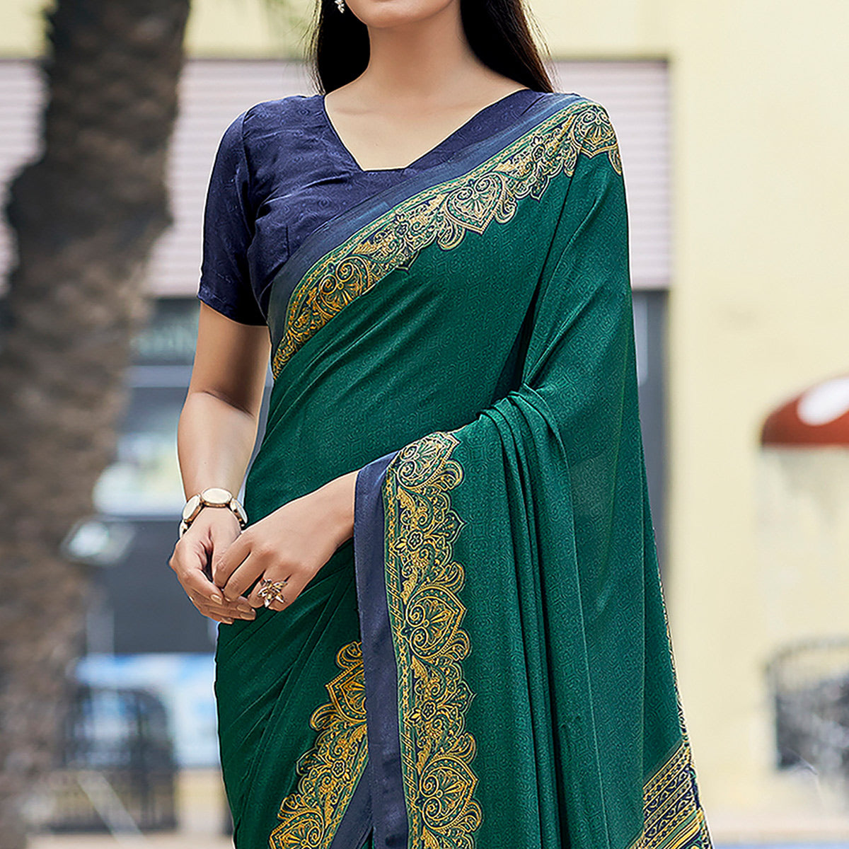 green-printed-crepe-silk-saree