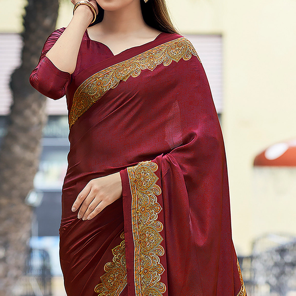 Maroon Printed Crepe Silk Saree