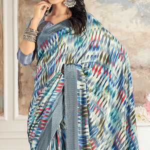 Grey Printed Crepe Silk Saree