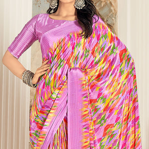 Light Magenta Geometric Printed Crepe Silk Saree